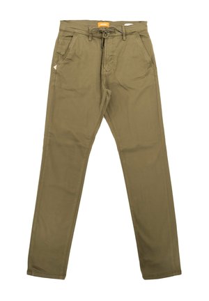 Olijfgroene katoenen broek met een rechte pijpontwerp, voorzien van twee voorzakken, een elastische tailleband met koord en subtiele branding.