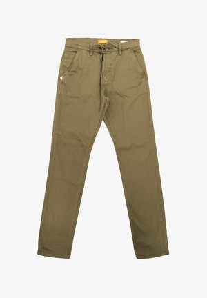 Pantalones de algodón verde oliva con un diseño de pierna recta, que cuentan con dos bolsillos frontales, una cintura con cordón y un branding sutil.