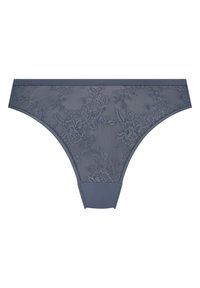 Marinblå spets-tanga med blommönster, med en slät midjeresår och en solid ogenomskinlig panel bak för komfort och stöd.