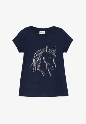 T-shirt bleu marine à manches courtes avec col rond, présentant un contour d'une tête de cheval aux yeux fermés et à la crinière flottante, souligné de sequins.