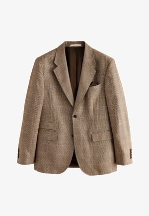 Brauner Herrenblazer mit kariertem Muster, Revers mit Kerbe, zwei aufgesetzten Taschen vorne, einer Brusttasche mit Einstecktuch und Ein-Knopf-Verschluss.