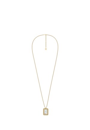 Goldene Halskette mit einem rechteckigen weißen Steinanhänger, umrahmt von kleinen goldenen Perlen auf weißem Hintergrund.