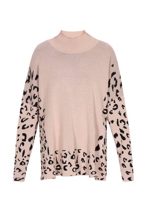 Világos rózsaszín pulóver magas bordás nyakkal és hosszú ujjakra. Fekete leopárdmintázat a ujjak alsó felén és a test alsó részén.