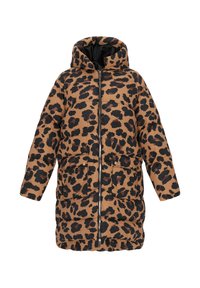 Polstret leopardprint frakke i brun og sort, med lynlås lukning, to forlommer og hætte. Blød tekstur med quiltet design.