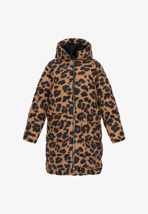 Prošívaný kabát s leopardím vzorem v hnědé a černé barvě, s oboustranným zipem, dvěma předními kapsami a kapucí. Měkká textura s prošívaným designem.