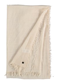 Beige linane sall, millel on franjeäär ja must nööpikaunistus. Kangas on sileda tekstuuriga ja delikaatse kootud mustriga.