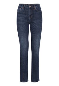 Jeans de denim azul oscuro con corte recto, que presentan un cierre de botón, diseño de cinco bolsillos y un ligero desgaste en las piernas delanteras.