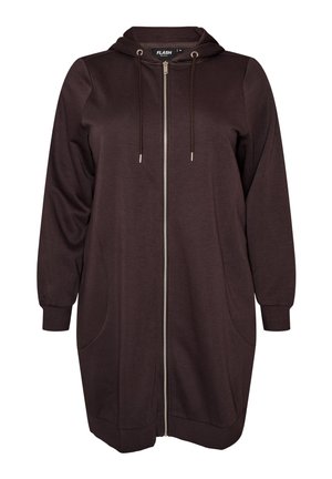 Dlhé tmavohnedé mikinové šaty na zips s prednými vreckami, kapucňou na šnúrku a rebrovanými manžetami na rukávoch.