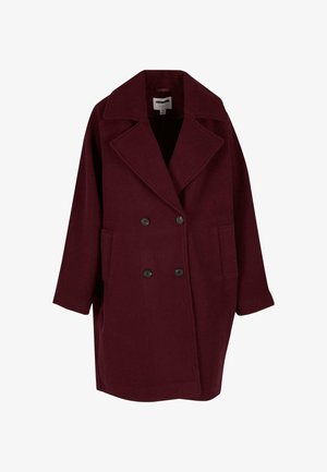 Bordeaux wollen blend overcoat met een dubbele knopenrij aan de voorkant, grote gelapte revers en zijzakken. Heeft zwarte knopen en rechte mouwen.