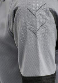 Grå idrottströja med en texturerad yta med prickiga mönster och två chevrondesigner på axeln. Svart accent vid fållen.