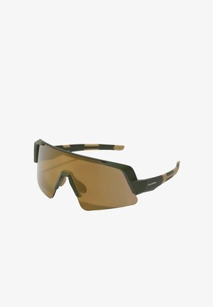 Sunglasses with a wraparound design, green plastic frame, and brown mirrored lenses. Features hexagonal shape and contrasting temple accents.