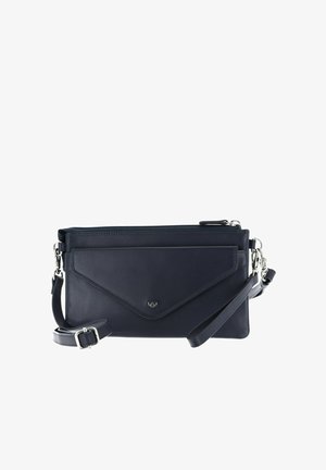 Black leather crossbody bag with front envelope-style pocket, silver hardware, adjustable strap, and zipper closure on top.