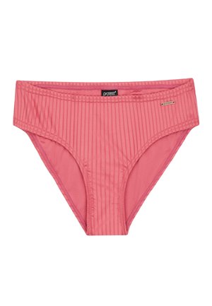 Parte inferiore di bikini rosa con texture a coste, vita elasticizzata e piccolo tag del marchio sul lato.