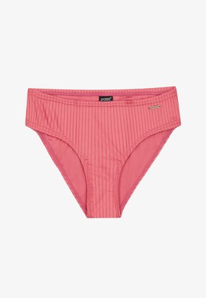 Lyserød bikinibund med ribbet tekstur, elastisk talje og et lille mærke på siden.