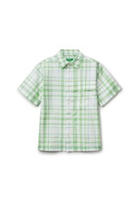 Camicetta a maniche corte in tessuto leggero, con un motivo a quadri verde e bianco, chiusura con bottoni frontale e una tasca sul petto.