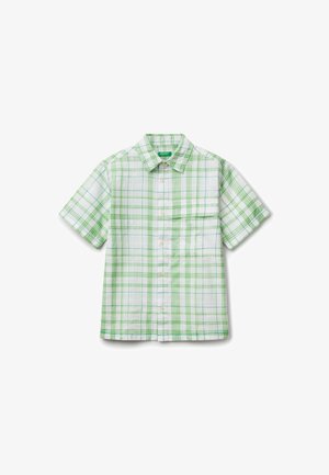 Korte mouwen shirt van lichtgewicht stof, met een groen-wit ruitpatroon, een knoopsluiting aan de voorkant en een enkele borstzak.