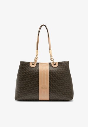 Schoudertas van bruin synthetisch materiaal met patroon, een gladde beige leren centrale streep en gouden details, voorzien van dubbele schouderbanden.