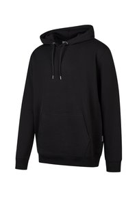 Black hoodie made of cotton blend, featuring a front pouch pocket, drawstring hood, and ribbed cuffs and hem. Smooth texture, solid color.