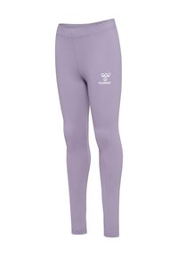 Legging lavande longueur complète avec taille élastique, présentant le logo blanc hummel sur la partie supérieure de la cuisse, affiché sur fond blanc.