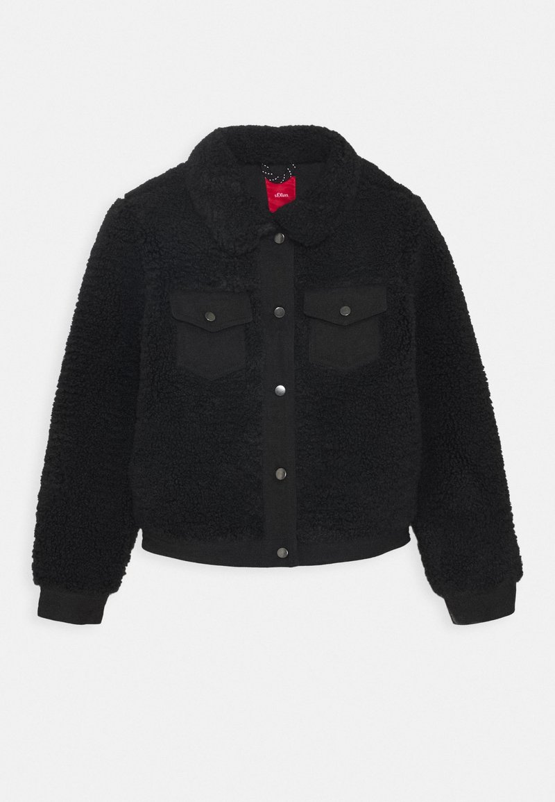 Black sherpa fleece jacket with snap buttons, two flap chest pockets, long sleeves, and a fold-over collar.