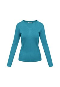 Maglione aderente turchese con maniche lunghe, scollatura a V e texture a coste. Pattern verticali distintivi su maniche e pannello frontale.