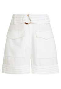 Vita bomullsshorts med midjebälte med guldackent, stora framlommor och horisontell sömnad vid fållen.