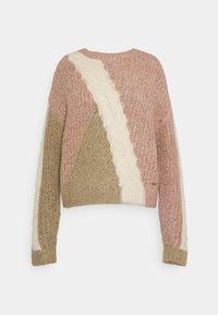 Strickpullover mit einem Farbblockdesign in Pink, Beige und Creme. Strukturiertes Material mit einer cropped Passform und gerippten Bündchen.