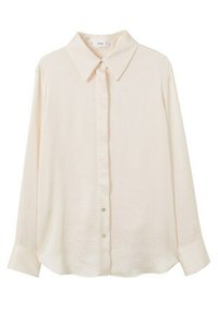 Langärmlige, knöpfbare Bluse in hellem Creme, mit klassischem Kragen, glatter Textur und lockerer Passform mit abgerundetem Saum.