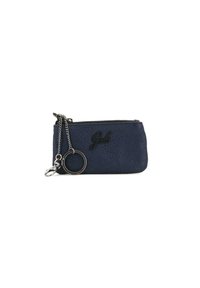 Borsetta in pelle blu navy con superficie testurizzata, chiusura con zip, dettaglio logo nero, catena con attacco per portachiavi, design compatto.