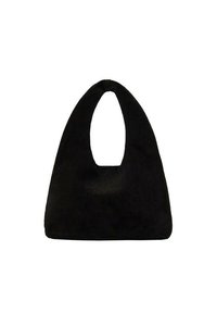 Borsa a tracolla in suede nera con forma hobo, dotata di un grande manico intagliato e una superficie liscia e morbida. Senza hardware visibile o motivi.