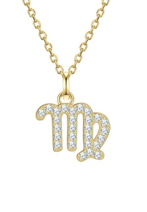 Zlatý náhrdelník s symbolom panny ozdobený viacerými čírymi drahokamami, ktorý zvýrazňuje hladkú textúru a lesklý povrch.