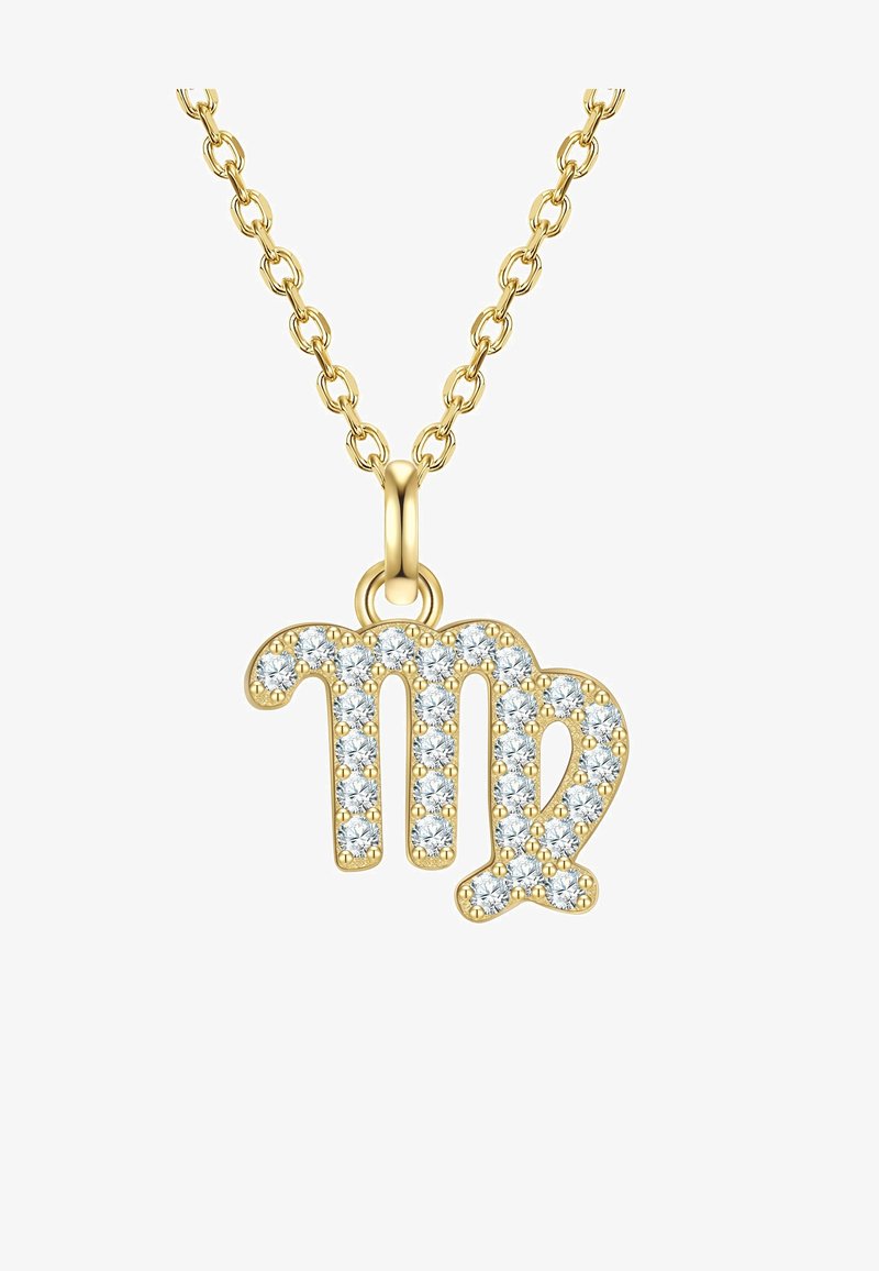 Arany nyaklánc, amelyet a Szűz csillagkép szimbóluma ékesít, több átlátszó drágakővel díszítve, kiemelve a sima felületet és a fényes befejezést.