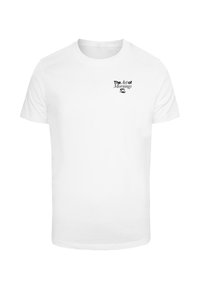 Weißes Baumwoll-T-Shirt mit kurzen Ärmeln, Rundhalsausschnitt und einem schwarzen Druck mit der Aufschrift "Die Kunst der Morgen" und einem Kaffeetassen-Icon.