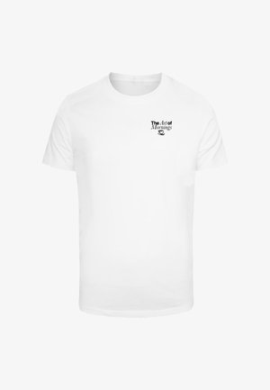 White cotton t-shirt featuring short sleeves, a crew neck, and a black print reading "The Art of Mornings" with a coffee cup icon.