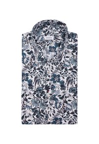 Camicia a bottoni floreale bianca, con motivi blu e rosso scuro, colletto classico e tessuto morbido dalla texture liscia.