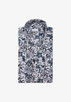 Camicia a bottoni floreale bianca, con motivi blu e rosso scuro, colletto classico e tessuto morbido dalla texture liscia.