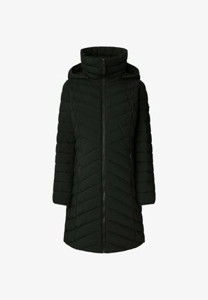 Czarna puchowa kurtka z wysokim kołnierzem, zamkiem błyskawicznym i dwoma bocznymi kieszeniami. Posiada pikowane szwy w kształcie chevronu oraz kaptur. Wykonana z miękkiego, izolowanego materiału.