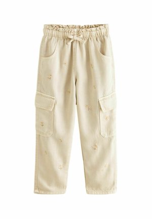 Pantaloni cargo beige con cintura elastica, cordoncino e ricamo floreale. Presentano due tasche laterali e una vestibilità ampia e dritta.