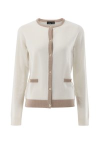 Cremefarbener Cardigan mit beigem geripptem Kragen und Saum, ausgestattet mit einer durchgehenden Knopfleiste und zwei Fronttaschen. Glatte Textur, schlichtes Design.