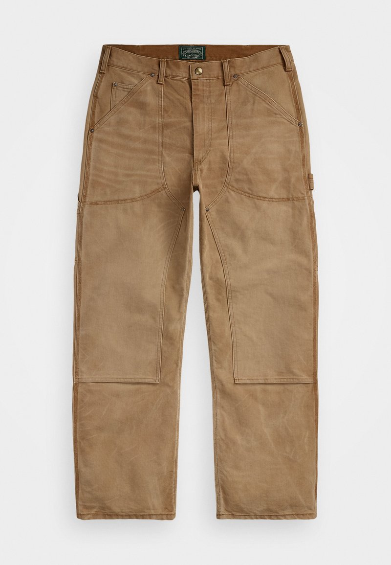 Pantalons de travail marron en coton durable avec une texture moyenne. Présente des coutures renforcées, des poches inclinées et une fermeture à bouton à la taille.
