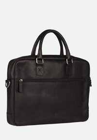 Schwarze Leder-Laptoptasche mit doppelten Griffen, silbernem Hardware, einer Reißverschlusstasche vorne und strukturiertem Finish. Rechteckige Form, minimales Design.