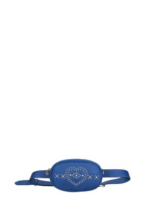 Blaue Lederbauchtasche mit ovaler Form, silberner Nietenverzierung auf der Front, verstellbarem Riemen und glatter Textur. Mit einem Reißverschluss ausgestattet.