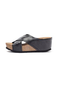 Sandales à semelle compensée avec lanières croisées noires, dotées d'un intercalaire en liège et d'une finition texturée, avec une semelle extérieure en caoutchouc pour un meilleur grip et un confort optimal.