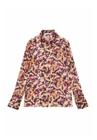 Camicia a maniche lunghe in tessuto trasparente con un motivo floreale multicolore in viola, arancione e crema, con chiusura a bottone e colletto.