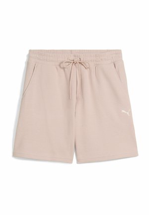 Růžové strukturované kraťasy s elastickým pasem, nastavitelnými šňůrkami a bočními kapsami. Na lemu se nachází malé bílé logo.