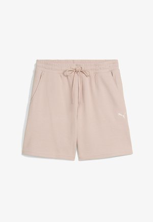 Růžové strukturované kraťasy s elastickým pasem, nastavitelnými šňůrkami a bočními kapsami. Na lemu se nachází malé bílé logo.