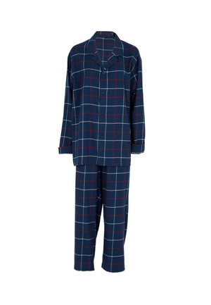 Pigiama in flanella di cotone navy con motivo scozzese rosso e bianco; top con maniche lunghe e bottoni e pantaloni abbinati dal taglio morbido.