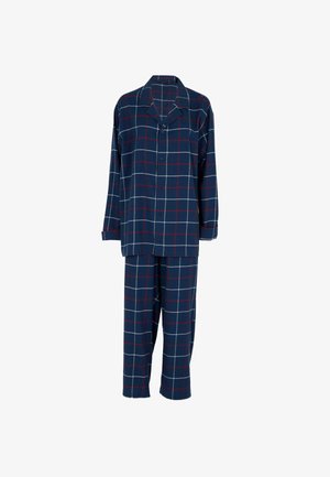 Pigiama in flanella di cotone navy con motivo scozzese rosso e bianco; top con maniche lunghe e bottoni e pantaloni abbinati dal taglio morbido.