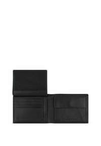 Black leather wallet with a smooth texture, multiple card slots, and a button closure. Features a fabric-lined ID window and embossed logo detail.