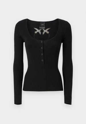 Maglietta nera a maniche lunghe con costine, dotata di scollo a barca, una patta con cinque bottoni e una silhouette attillata con un design discreto sul retro.